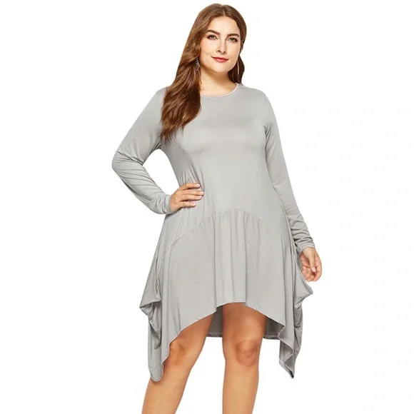 Trapeze Swing Long Sleeve Tunic Dress With Pockets Silver Grey - Picture 2 of 6